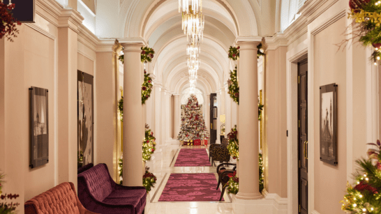 Clermont Charing Cross hallway with Christmas decorations and Christmas tree