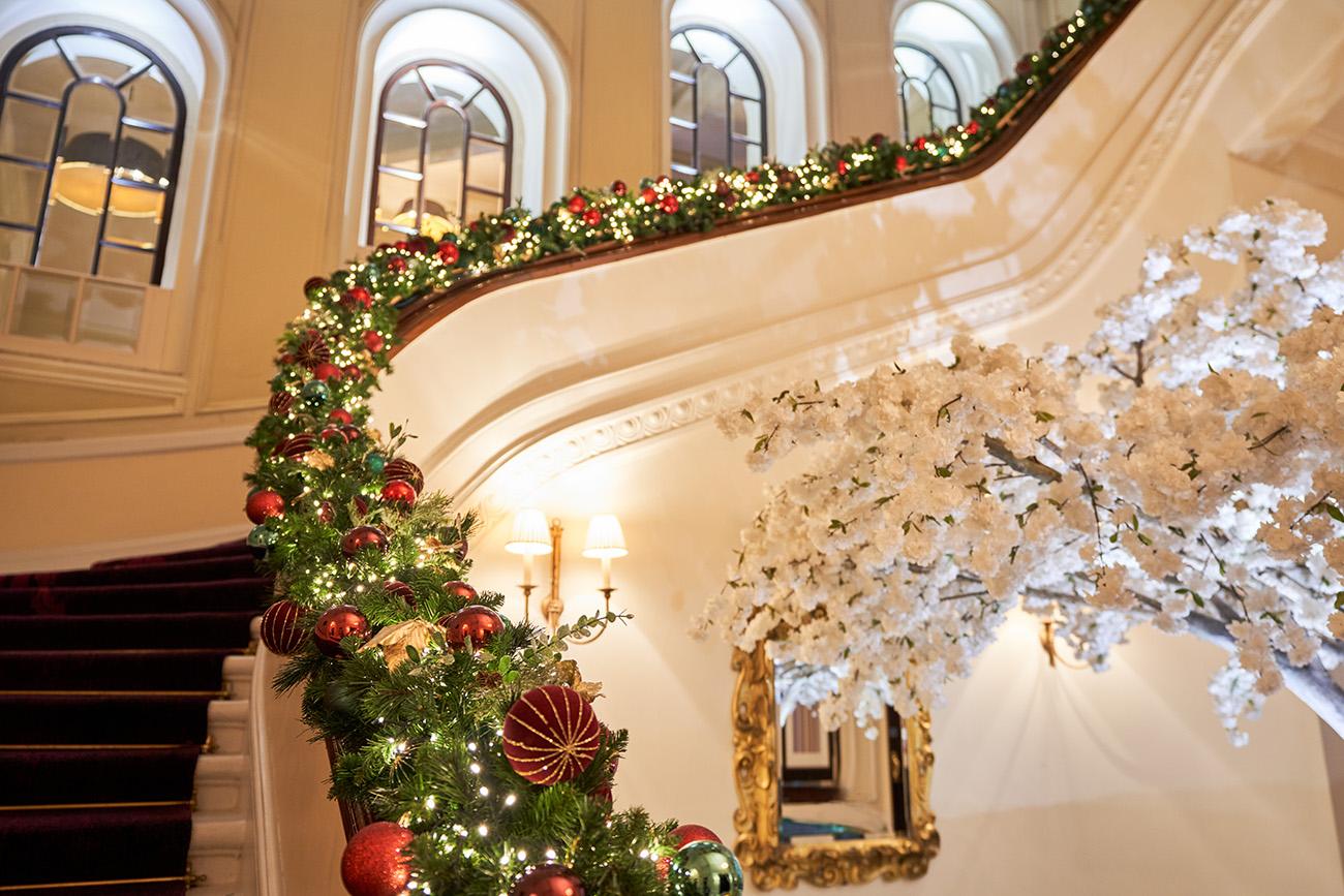 Grand stairway at the Charing Cross Hotel with Christmas decorations