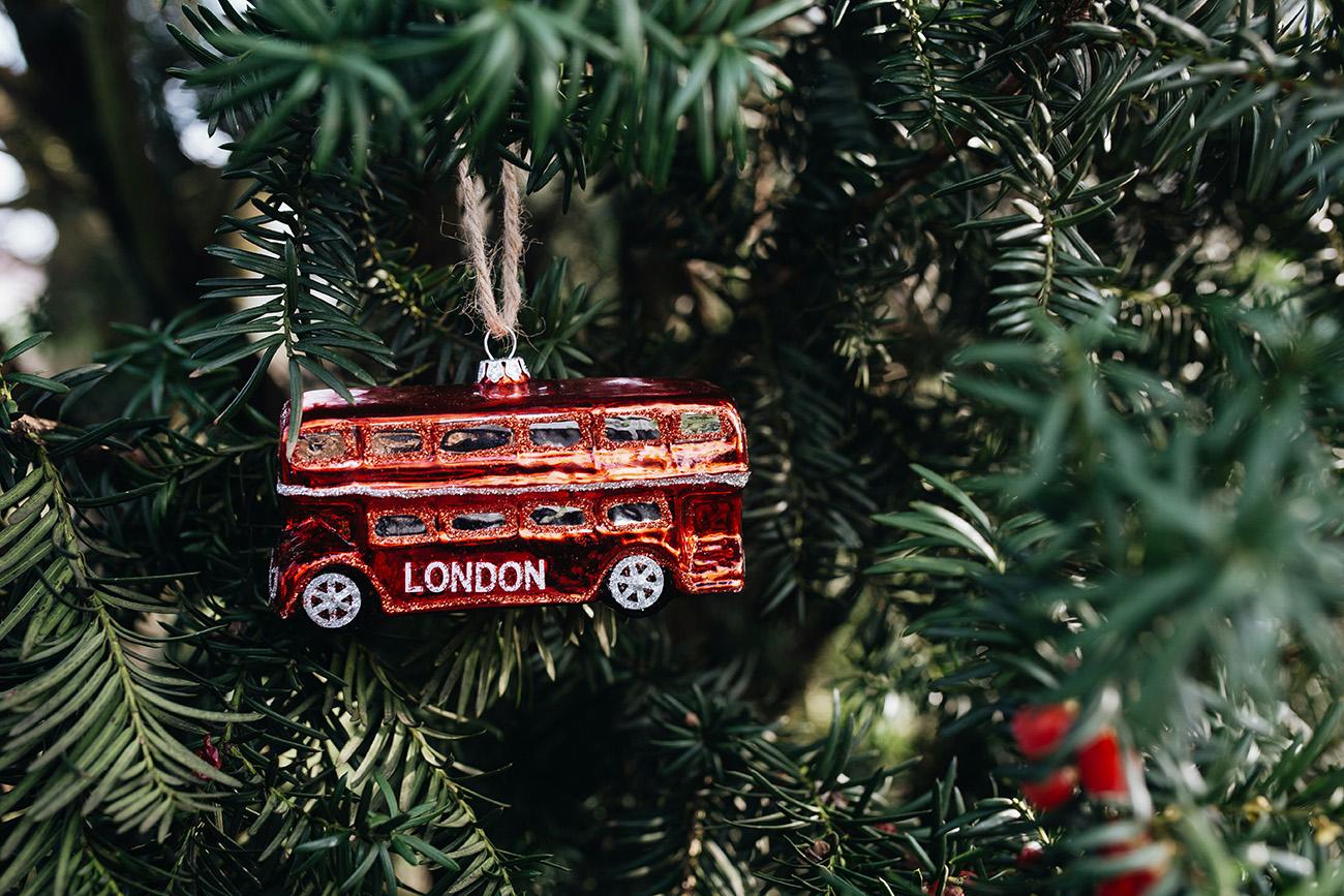 Iconic London bus Christmas tree decoration on a tree